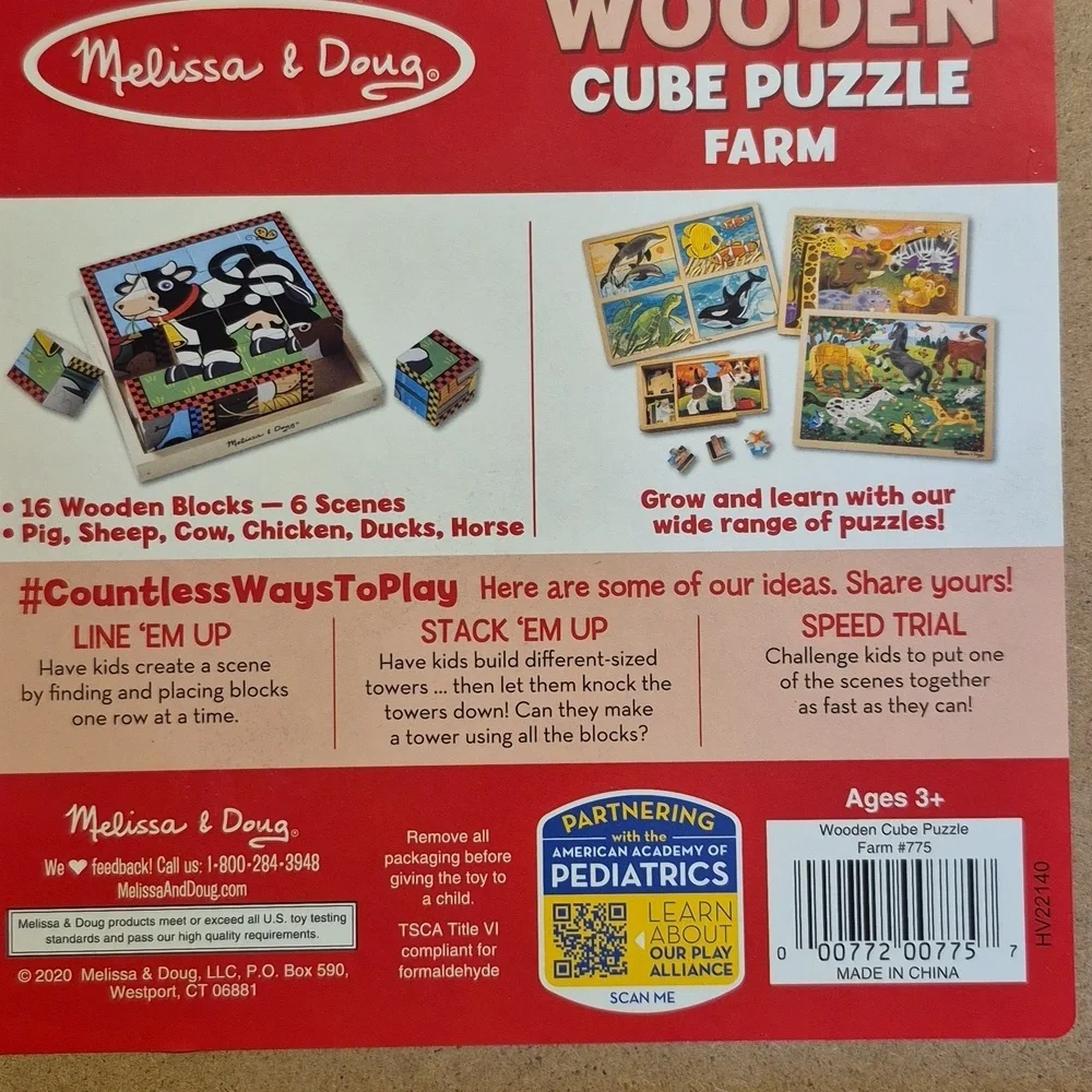 Melissa & Doug Wooden Farm Cube Puzzle – Red, White, Blue, Yellow, Black